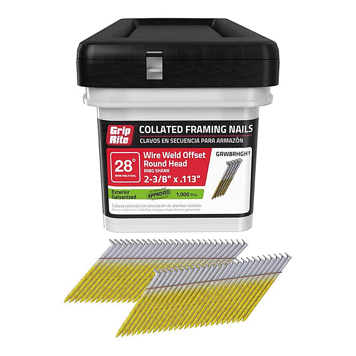 Grip-Rite GRW8RHGH1 2-3/8 in. Angled Strip Framing Nails 28 deg. Ring Shank 1000/Pack