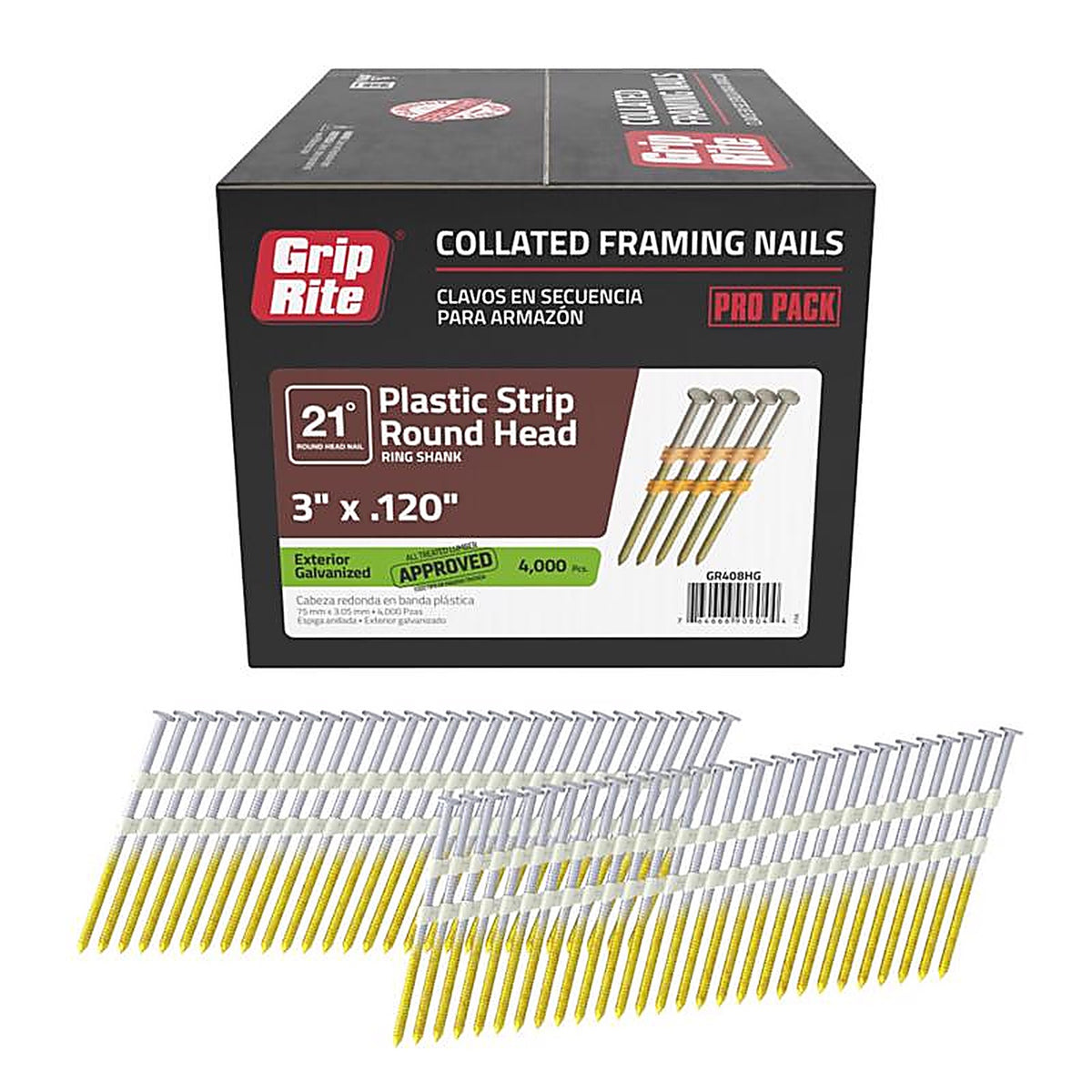 Grip-Rite GR408HG 3 in. 11 Ga. Angled Strip Framing Nails 21 deg. Ring Shank 4000/Pack
