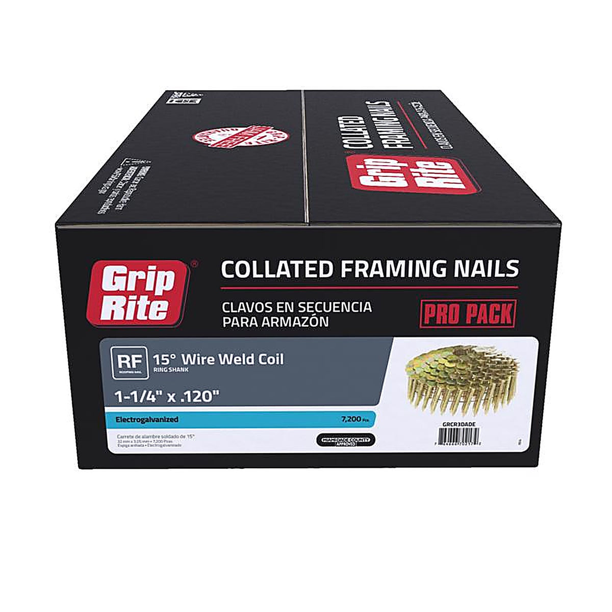 Grip-Rite - GRCR3DADE - 1-1/4 In. L X 11 Ga. Angled Strip Electro Galvanized Roofing Nails 15 Deg 7200 Pack