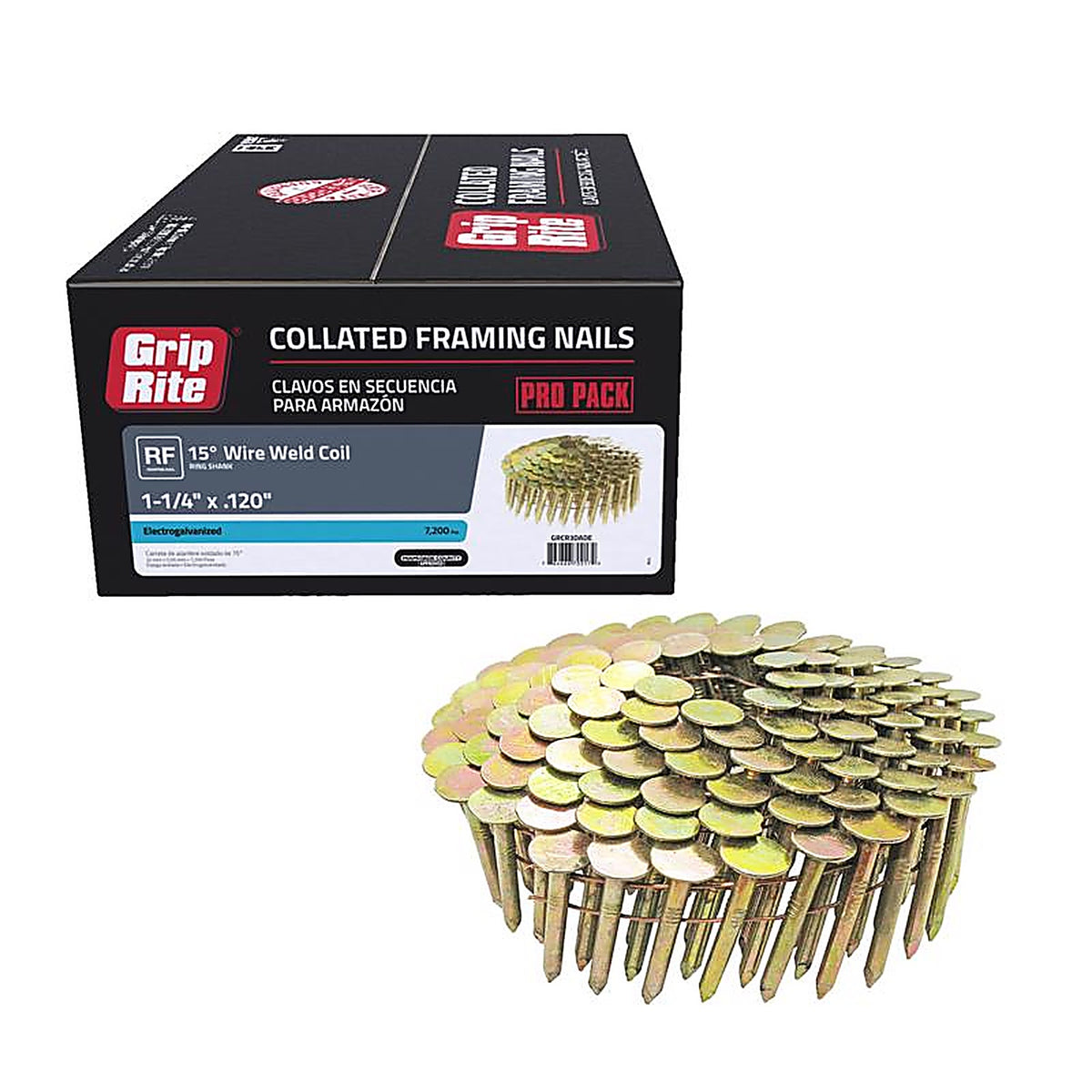 Grip-Rite - GRCR3DADE - 1-1/4 In. L X 11 Ga. Angled Strip Electro Galvanized Roofing Nails 15 Deg 7200 Pack