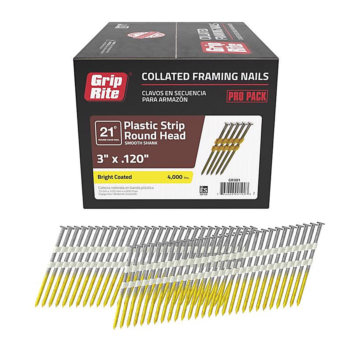 Grip-Rite GR301 3 in. 11 Ga. Angled Strip Framing Nails 21 deg. Smooth Shank 4000/Pack
