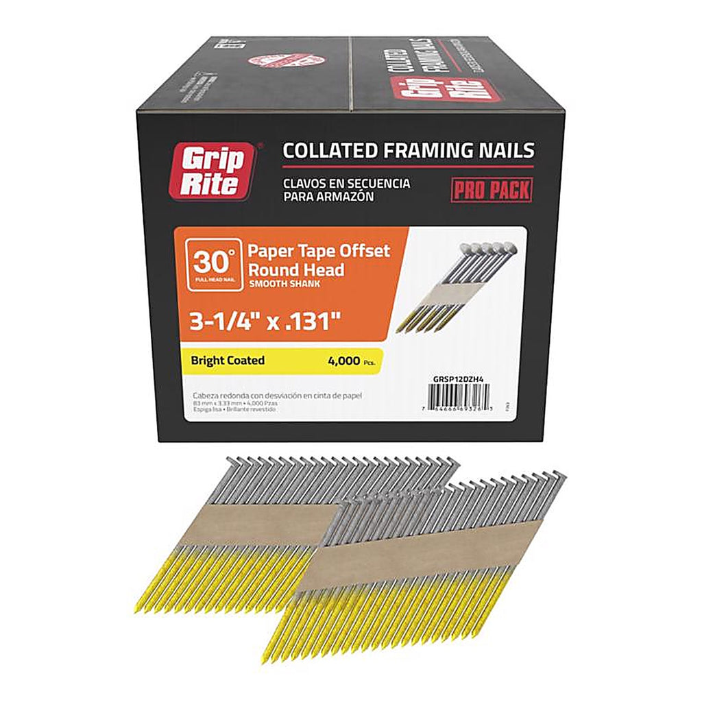 Grip-Rite GRSP12DZH4 3-1/4 in. Angled Strip Framing Nails 30 deg. Smooth Shank 4000/Pack