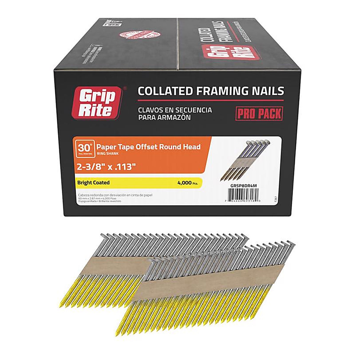 Grip-Rite GRSP8DR4M 2-3/8 in. Angled Strip Framing Nails 30 deg. Ring Shank 4000/Pack