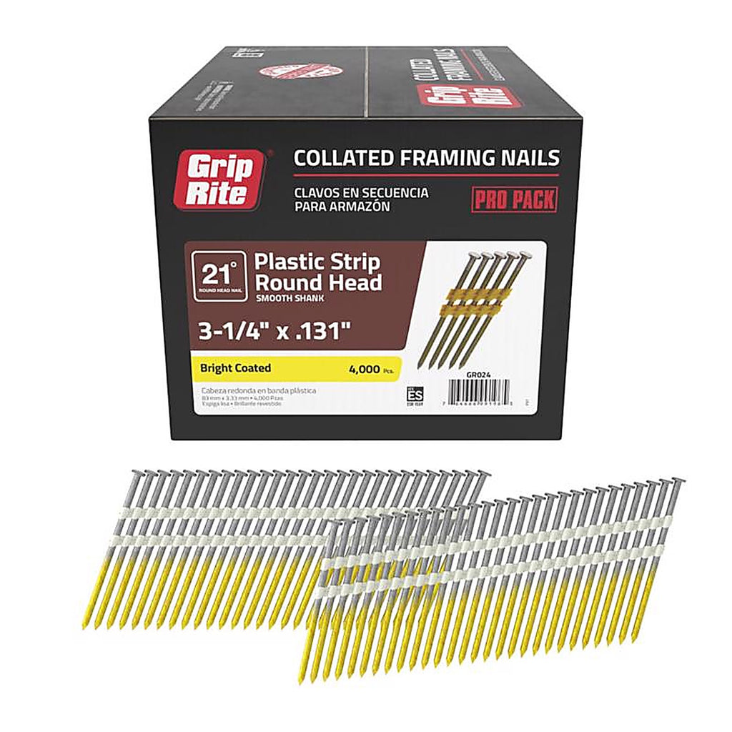 Grip-Rite GR024 3-1/4 in. 10-1/4 Ga. Angled Strip Framing Nails 21 deg. Smooth Shank 4000/Pack