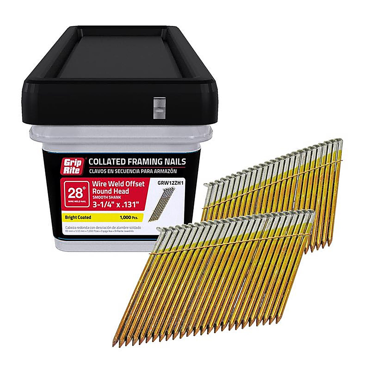 Grip-Rite GRW12ZH1 3-1/4 in. Angled Strip Framing Nails 28 deg. Smooth Shank 1000/Pack