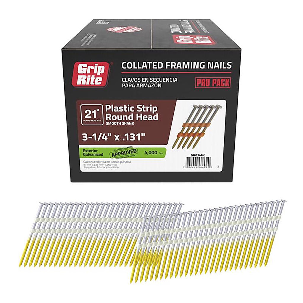 Grip-Rite GR034HG 3-1/4 in. 10 Ga. Angled Strip Framing Nails 21 deg. Smooth Shank 4000/Pack