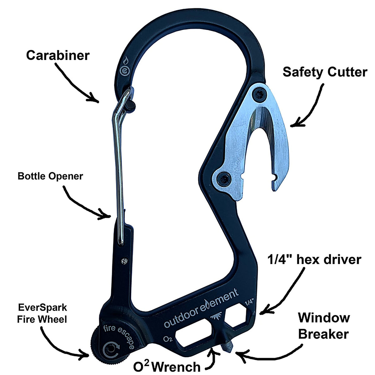 Outdoor Element - FEBLK - Fire Escape Black Carabiner Multi Tool