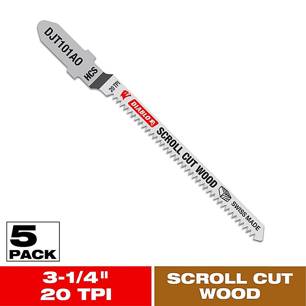 Diablo - DJT101AO5 - 3-1/4 In. High Carbon Steel T-Shank Scroll Cut Wood Jig Saw Blade 20 TPI 5 Pack