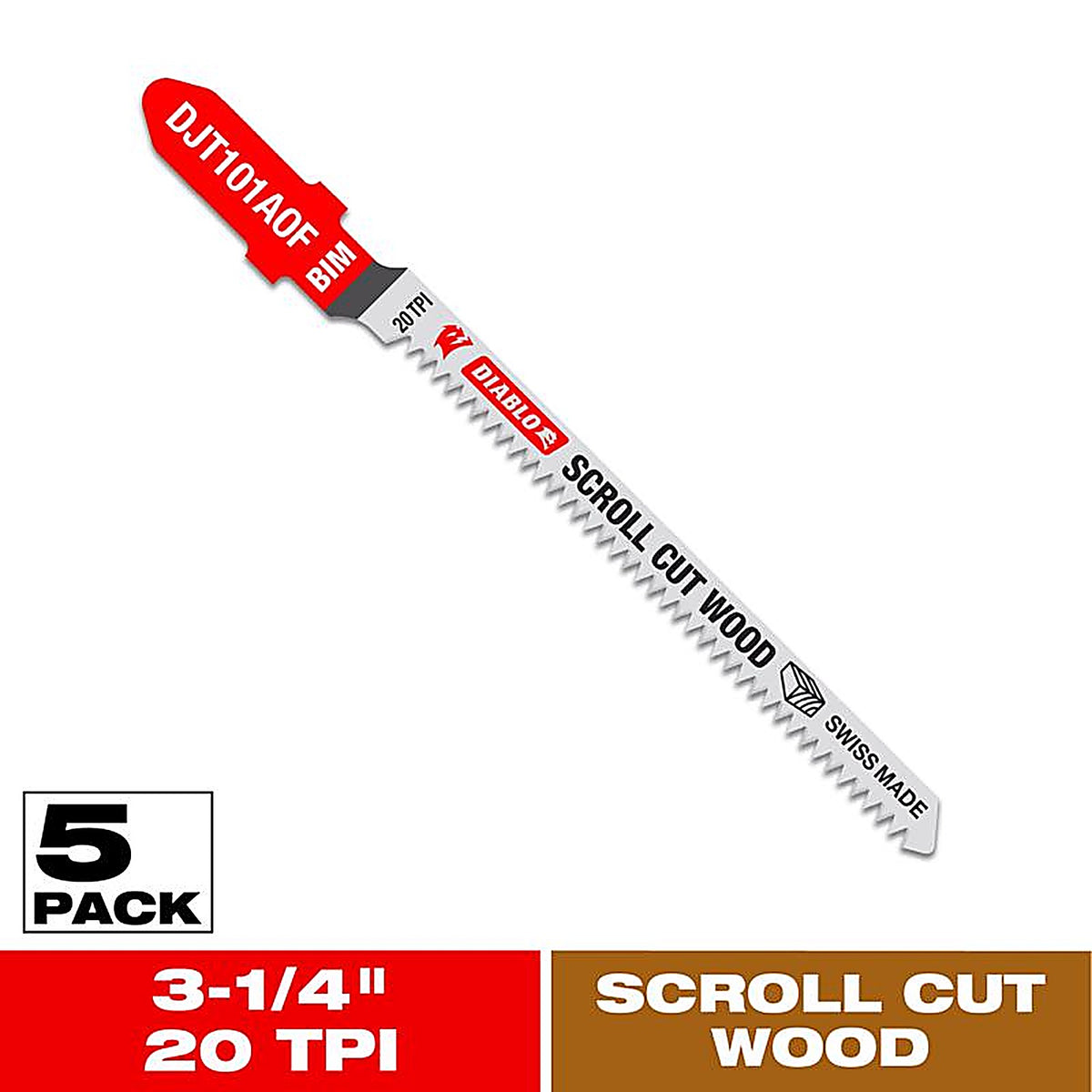 Diablo - DJT101AOF5 - 3-1/4 In. Bi-Metal T-Shank Scroll Cut Wood Jig Saw Blade 20 TPI 5 Pack