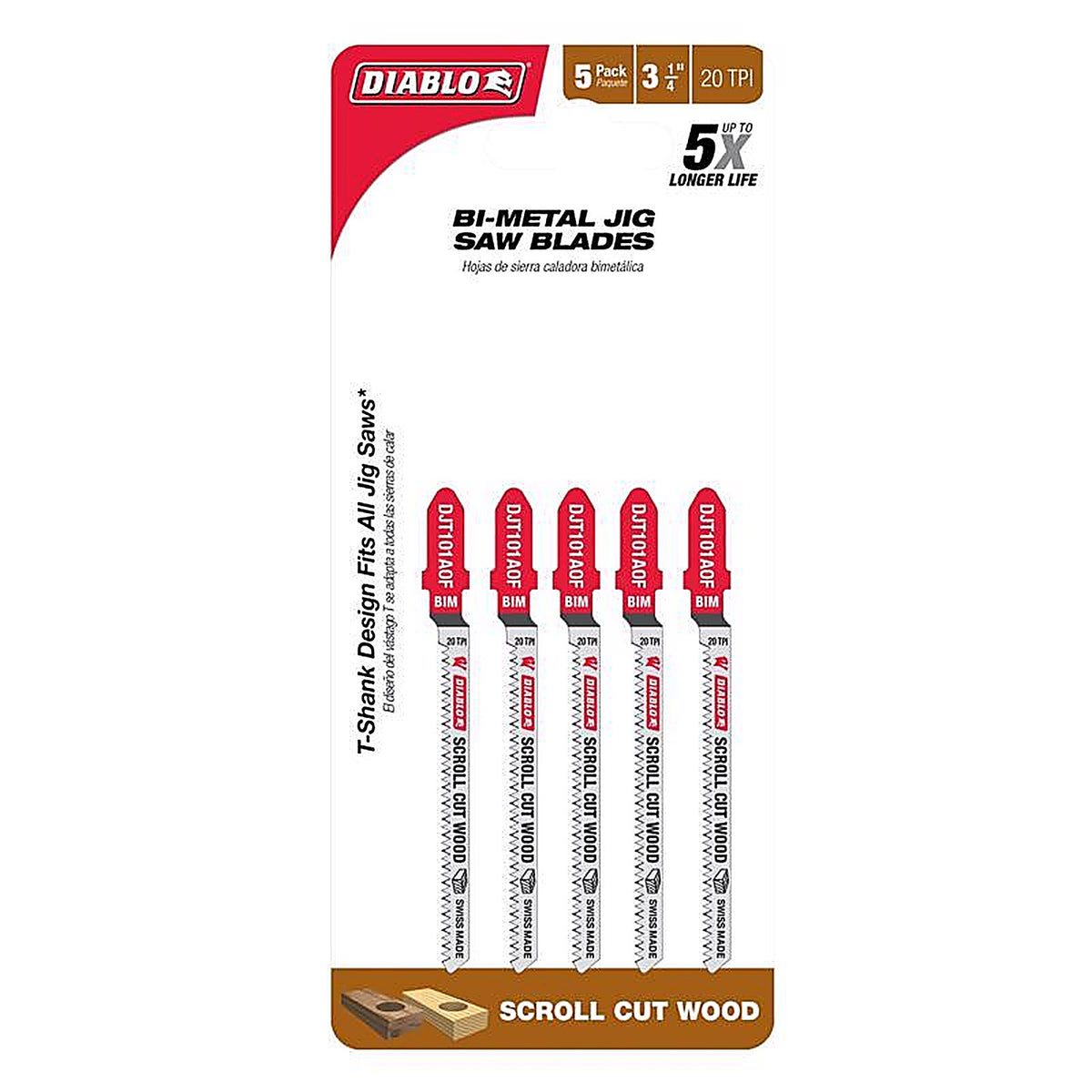 Diablo - DJT101AOF5 - 3-1/4 In. Bi-Metal T-Shank Scroll Cut Wood Jig Saw Blade 20 TPI 5 Pack