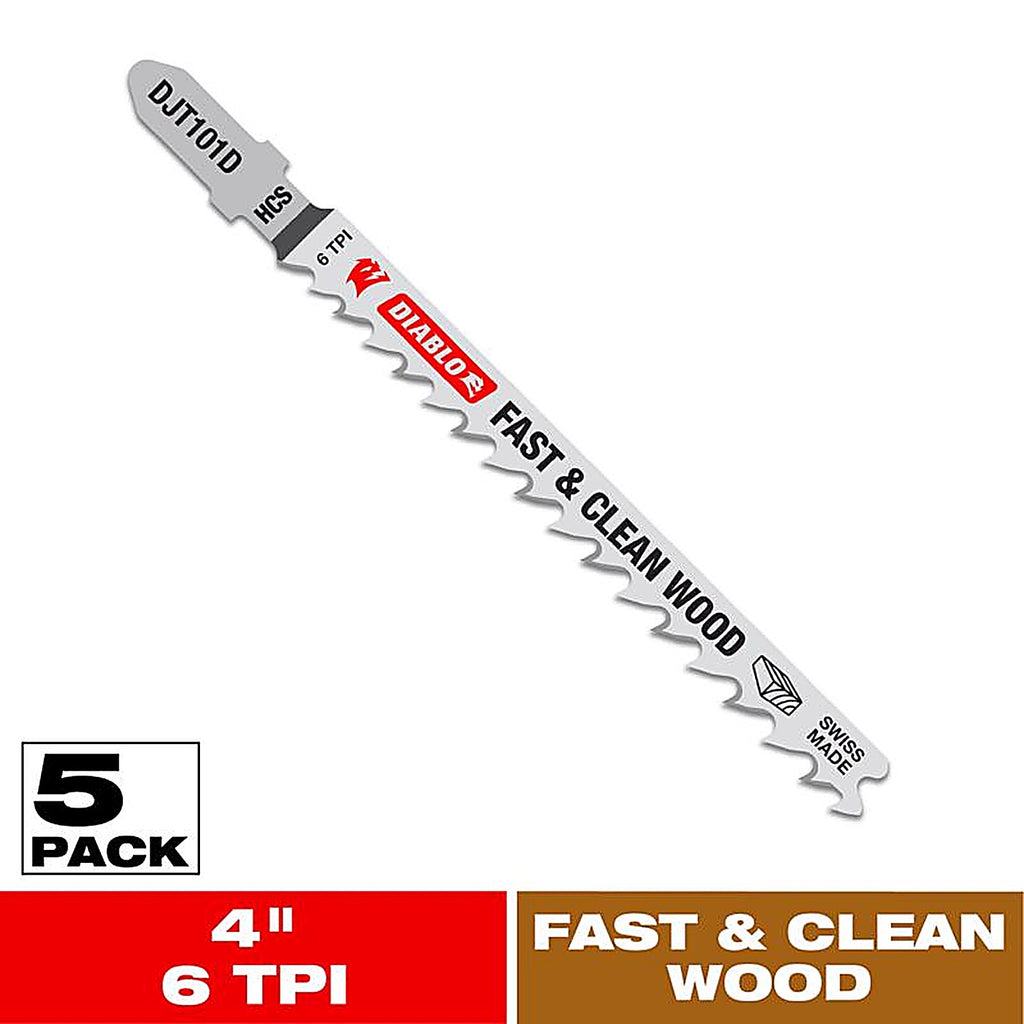 Diablo - DJT101D5 - 4 In. High Carbon Steel T-Shank Fast and Clean Wood Jig Saw Blade 6 TPI 5 Pack