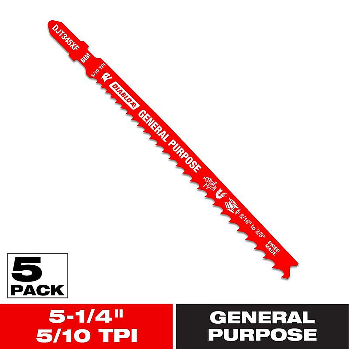 Diablo - DJT345XF5 - 5-1/4 In. Bi-Metal T-Shank General Purpose Jig Saw Blade 5/10 TPI 5 Pack