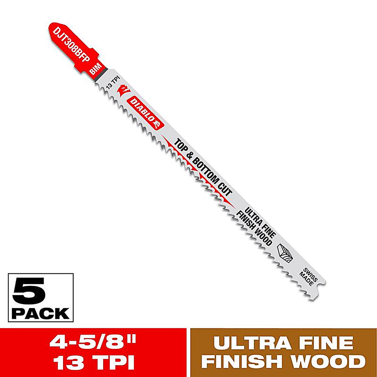 Diablo - DJT308BFP5 - 4-5/8 In. Bi-Metal T-Shank Ultra Fine Finish Wood Jig Saw Blade 13 TPI 5 Pack