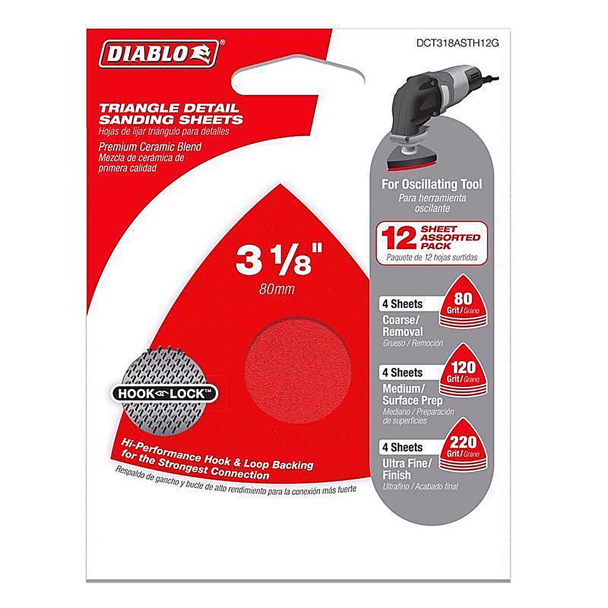 Diablo DCT318ASTH12G 3-1/8 in. Ceramic Blend Hook and Lock Triangle Sanding Sheet Assortment 12 pc