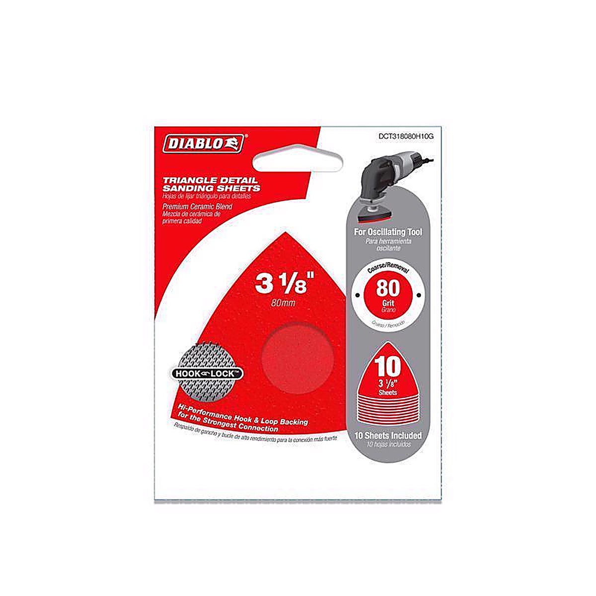 Diablo DCT318080H10G 3-1/8 in. Ceramic Blend Hook and Lock Triangle Sanding Sheets 80 Grit Coarse 10 pk