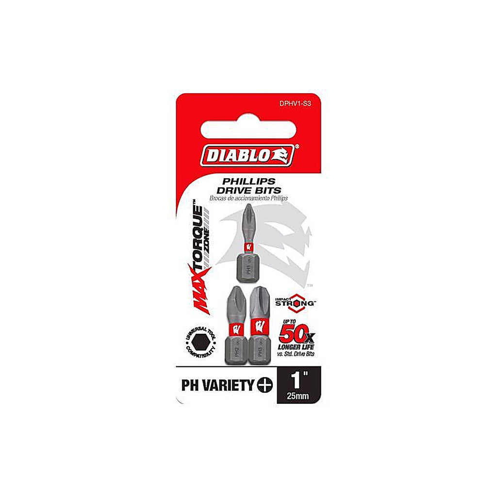 Diablo - DPHV1-S3 - Phillips 1 In. L Insert Bit Set Black Oxide 3 Piece