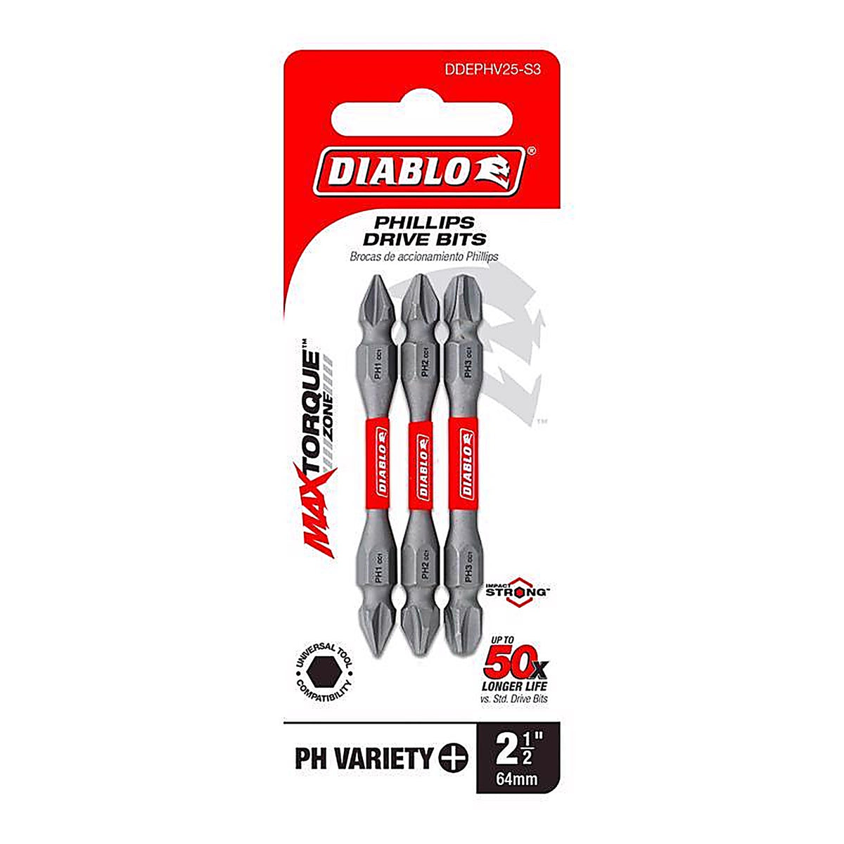 Diablo - DDEPHV25-S3 - Phillips 2-1/2 In. L Double-Ended Screwdriver Bit Set Black Oxide 3 Piece