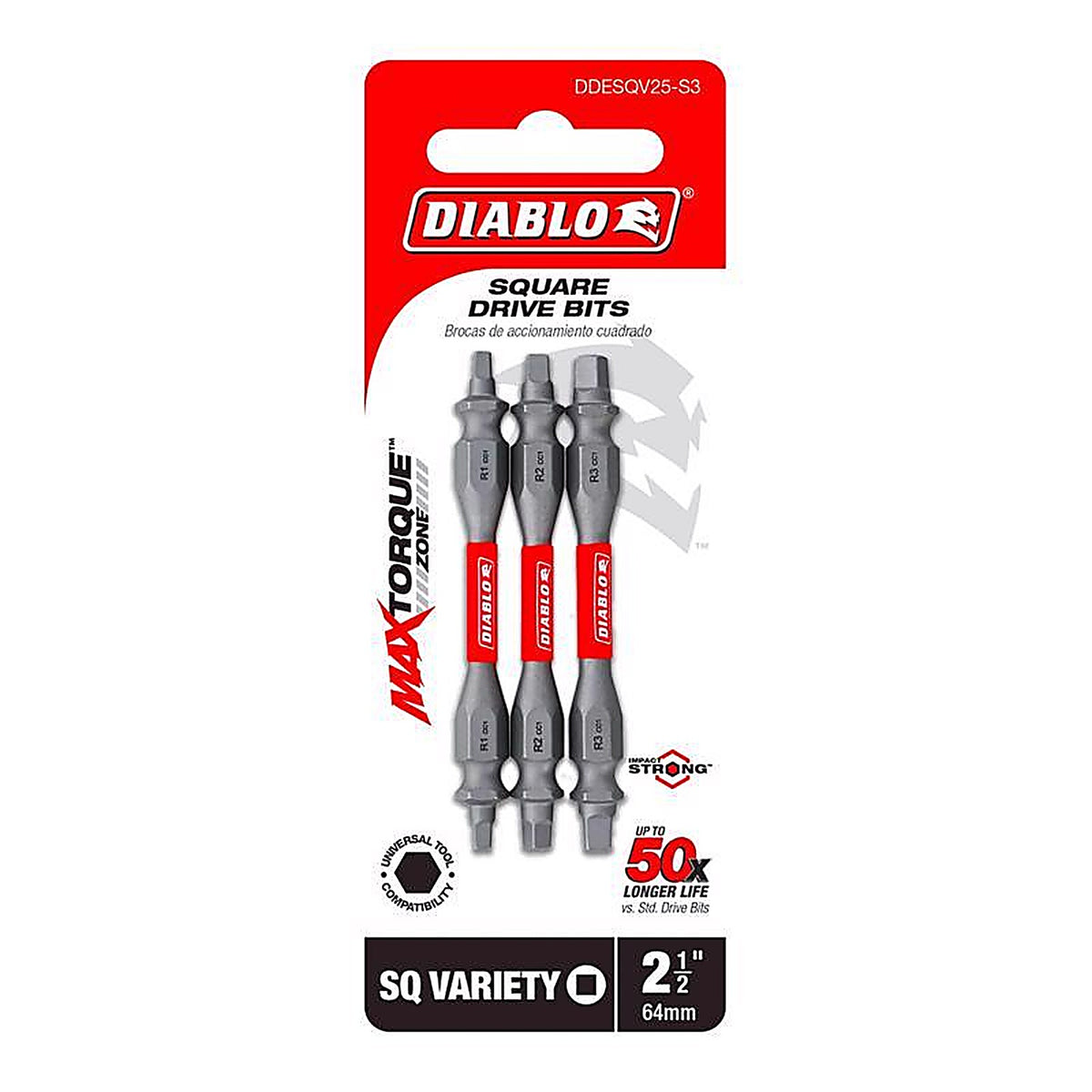 Diablo - DDESQV25-S3 - Square 2-1/2 In. L Double-Ended Screwdriver Bit Set Black Oxide 3 Piece