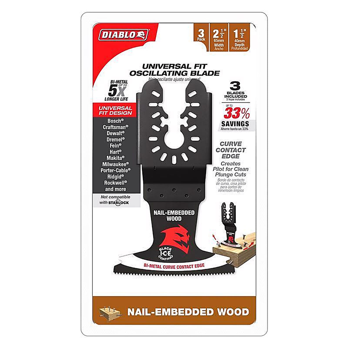Diablo - DOU250BW3 - 2-1/2 In. W Bi-Metal Curve Contact Edge Oscillating Blade Nail-Embedded Wood 3 Pack