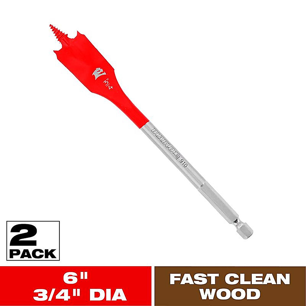 Diablo - DSP2090-P2 - 3/4 In. X 6 In. L High Speed Steel Clean Wood Spade Bit HEX Shank 2 Pack