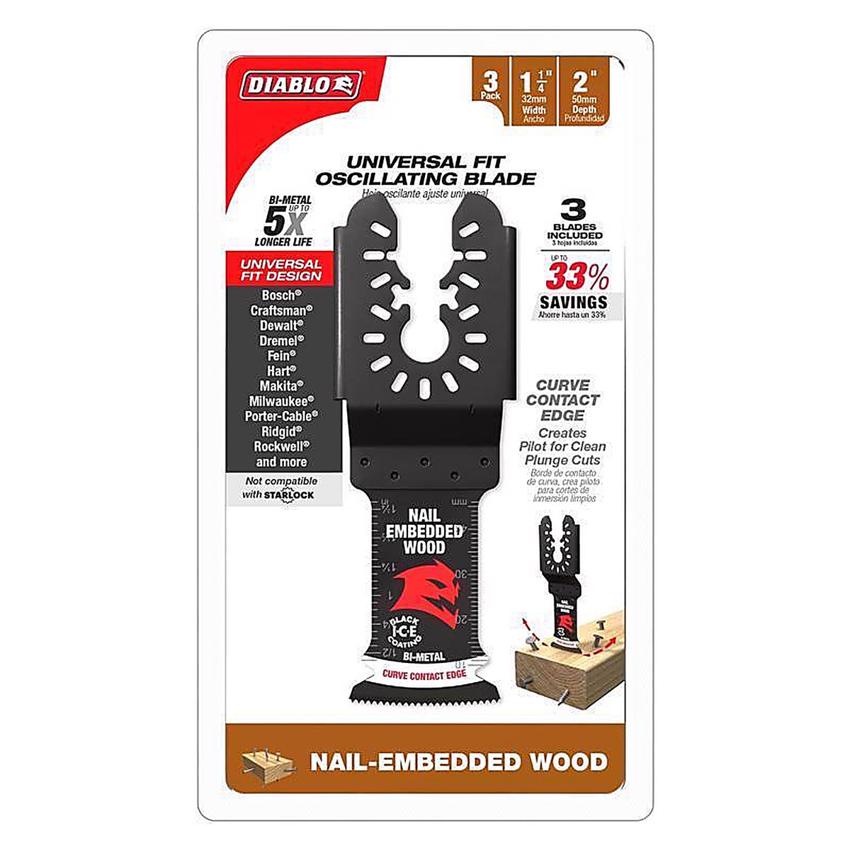 Diablo - DOU125BW3 - 1-1/4 In. X 1-1/4 In. W Bi-Metal Oscillating Blade Nail-Embedded Wood 3 Pack