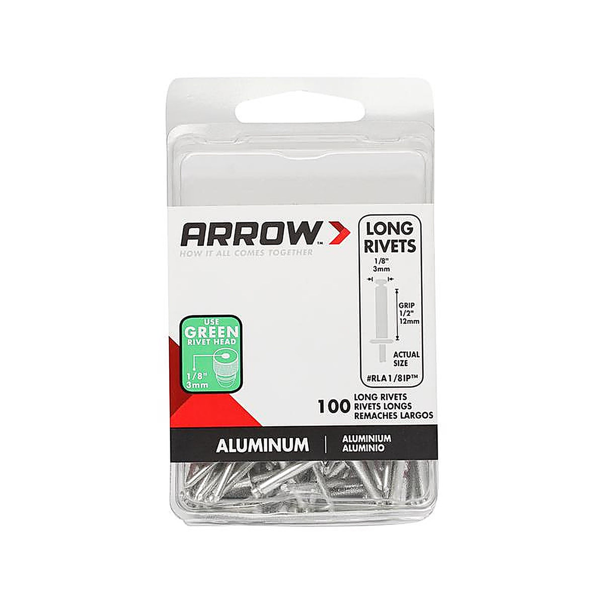 Arrow - RLA1/8IP - 1/8 In. D X 1/2 In. Aluminum Long Rivets Silver 100 Pack