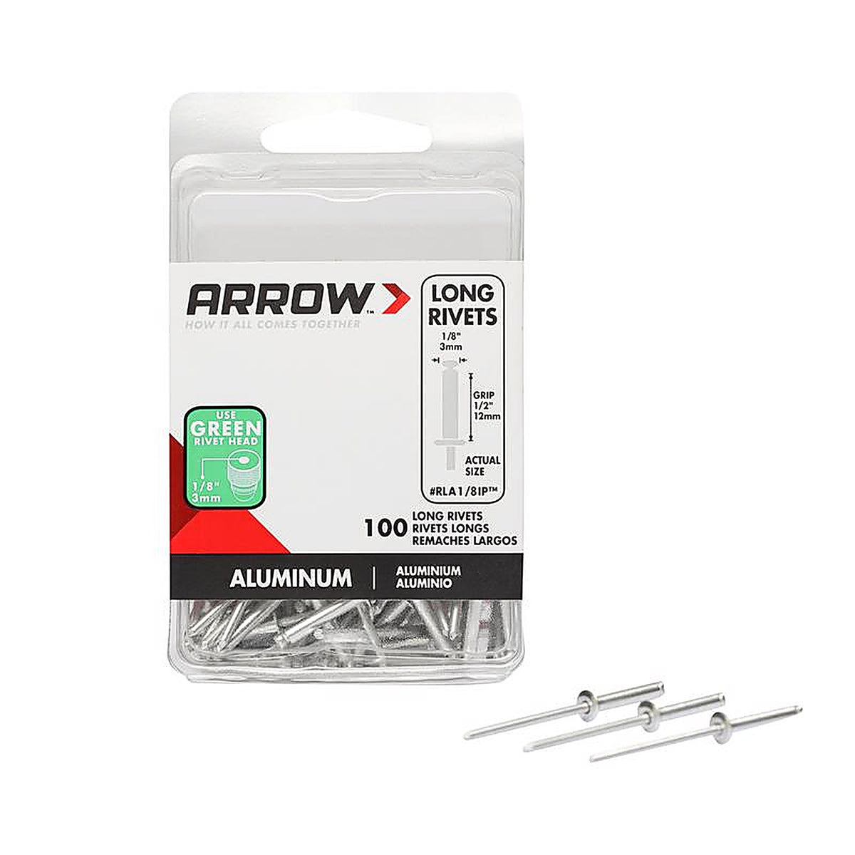 Arrow - RLA1/8IP - 1/8 In. D X 1/2 In. Aluminum Long Rivets Silver 100 Pack