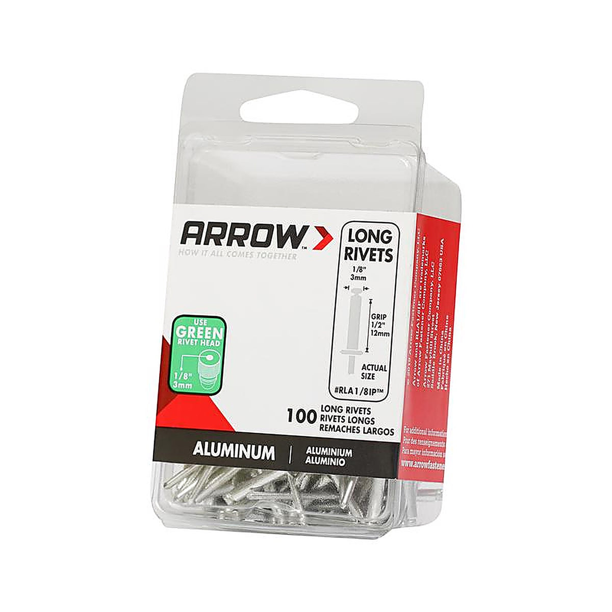 Arrow - RLA1/8IP - 1/8 In. D X 1/2 In. Aluminum Long Rivets Silver 100 Pack