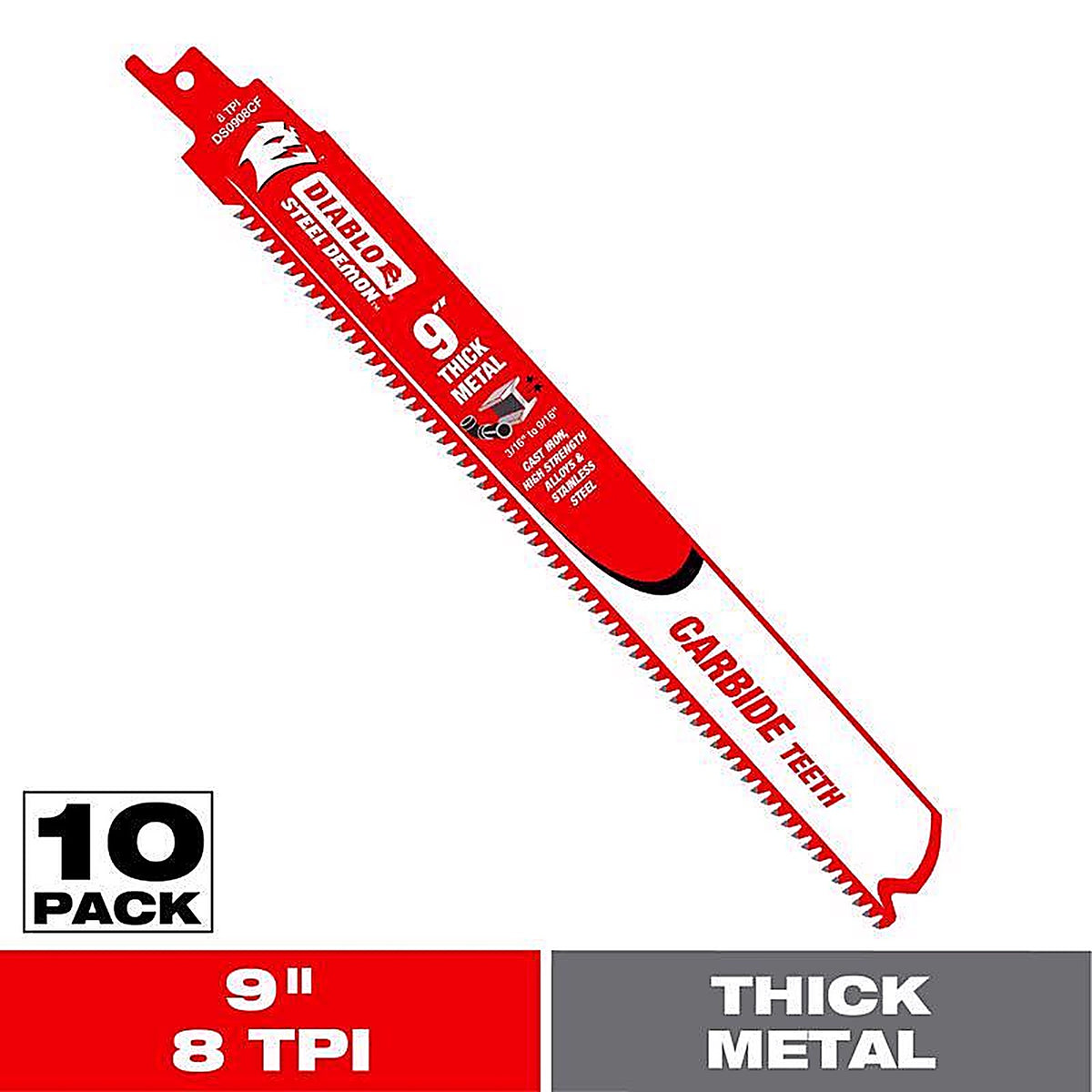 Diablo - DS0908CF10 - Steel Demon 9 In. Carbide Tipped Thick Metal Reciprocating Saw Blade 8 TPI 10 Pack