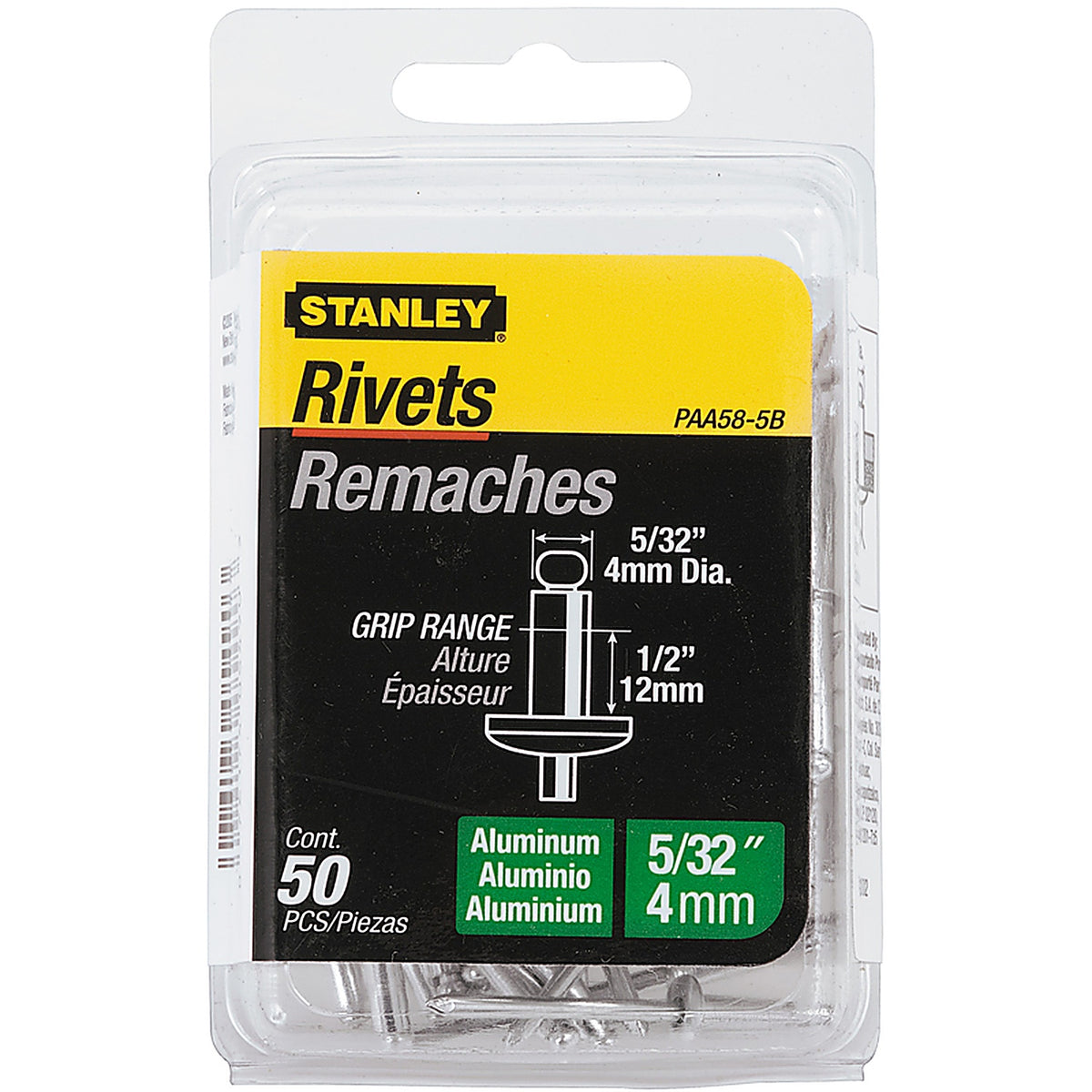 Stanley - PAA58-5B - 5/32 In. D X 1/2 In. Aluminum Rivets Silver 50 Piece