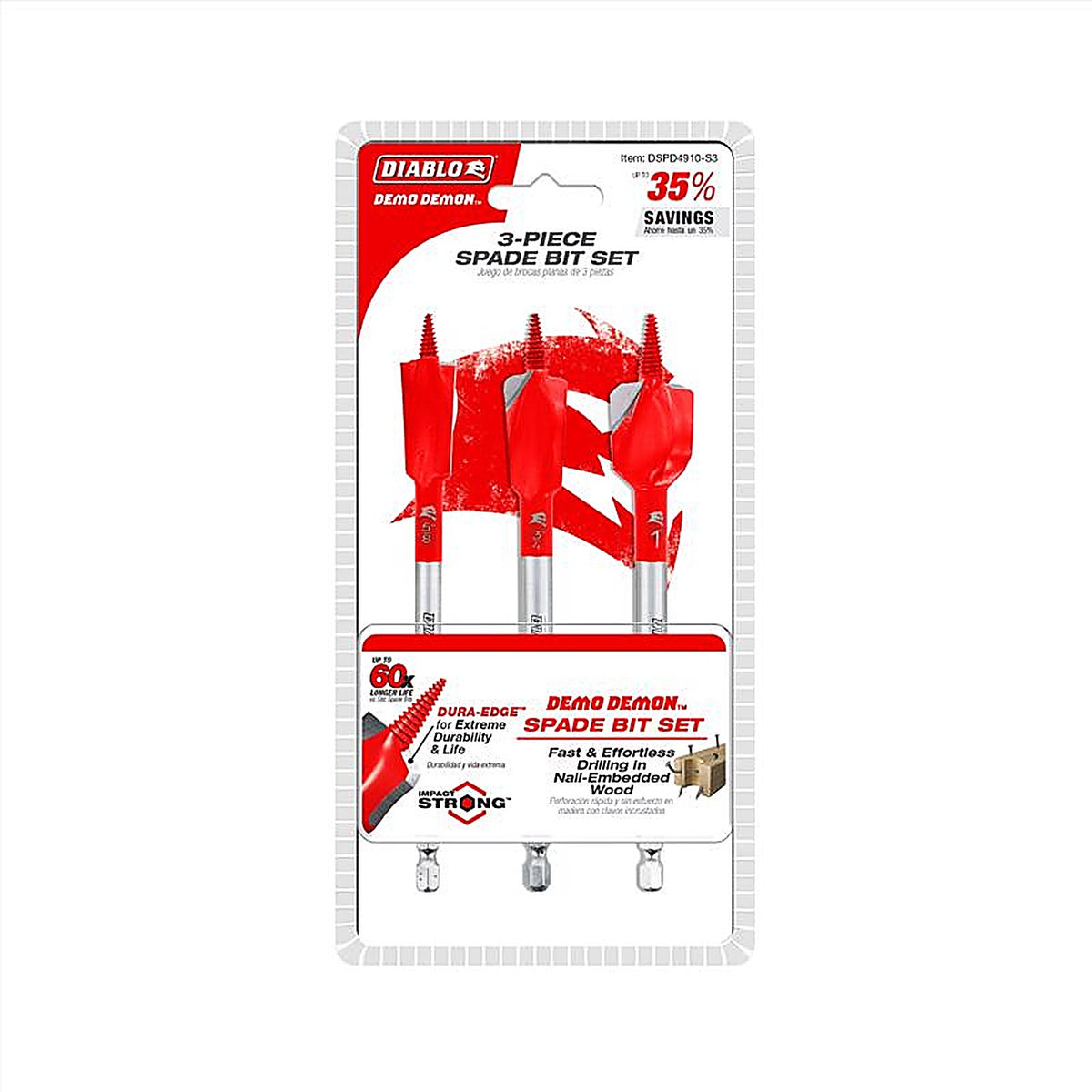 Diablo - DSPD4910-S3 - 6 In. L High Carbon Steel Nail-Embedded Wood Spade Bit Set HEX Shank 3 Piece
