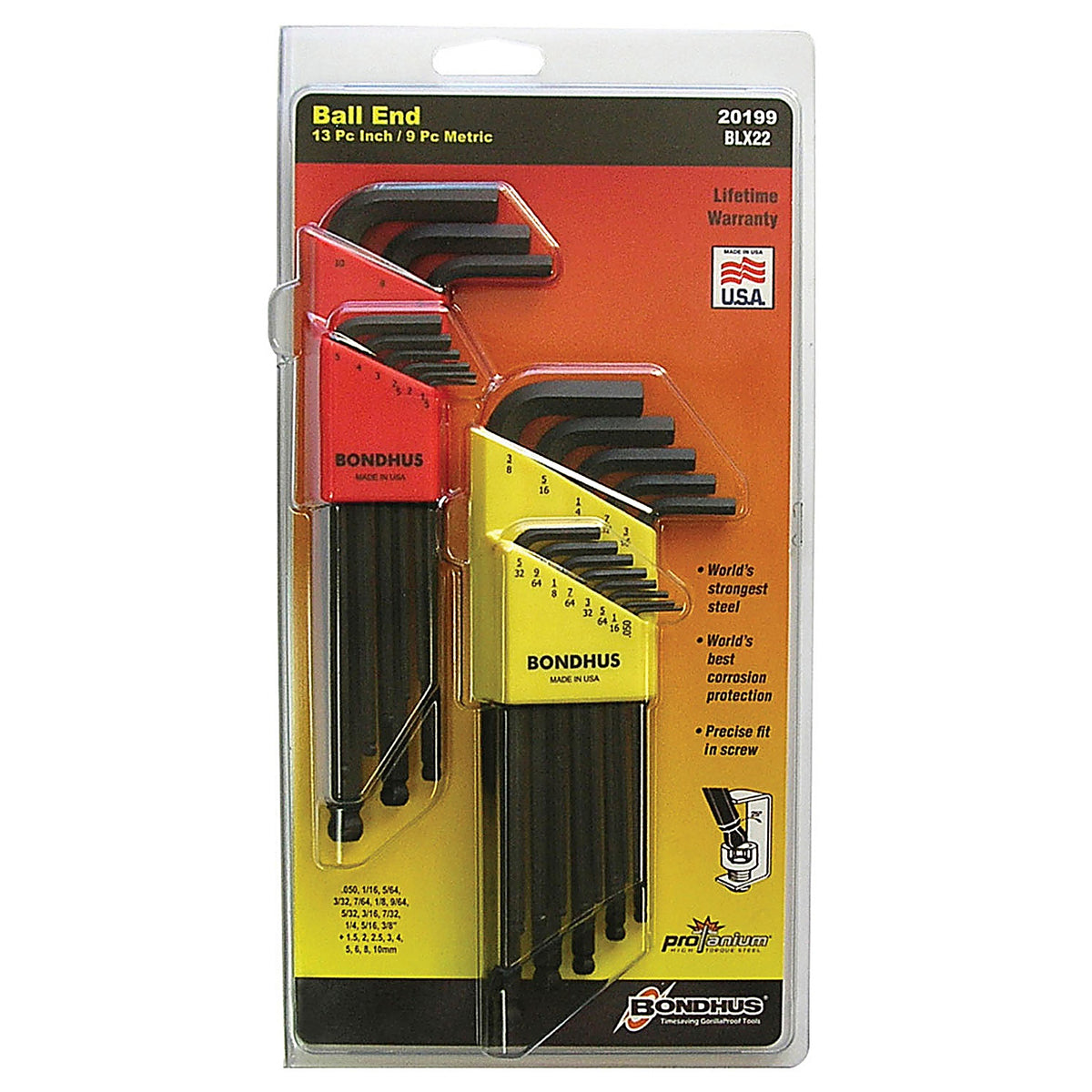 Bondhus - 20199 - Proguard Ball End, L-Wrenches, Inch, Metric, Long, 22 Piece