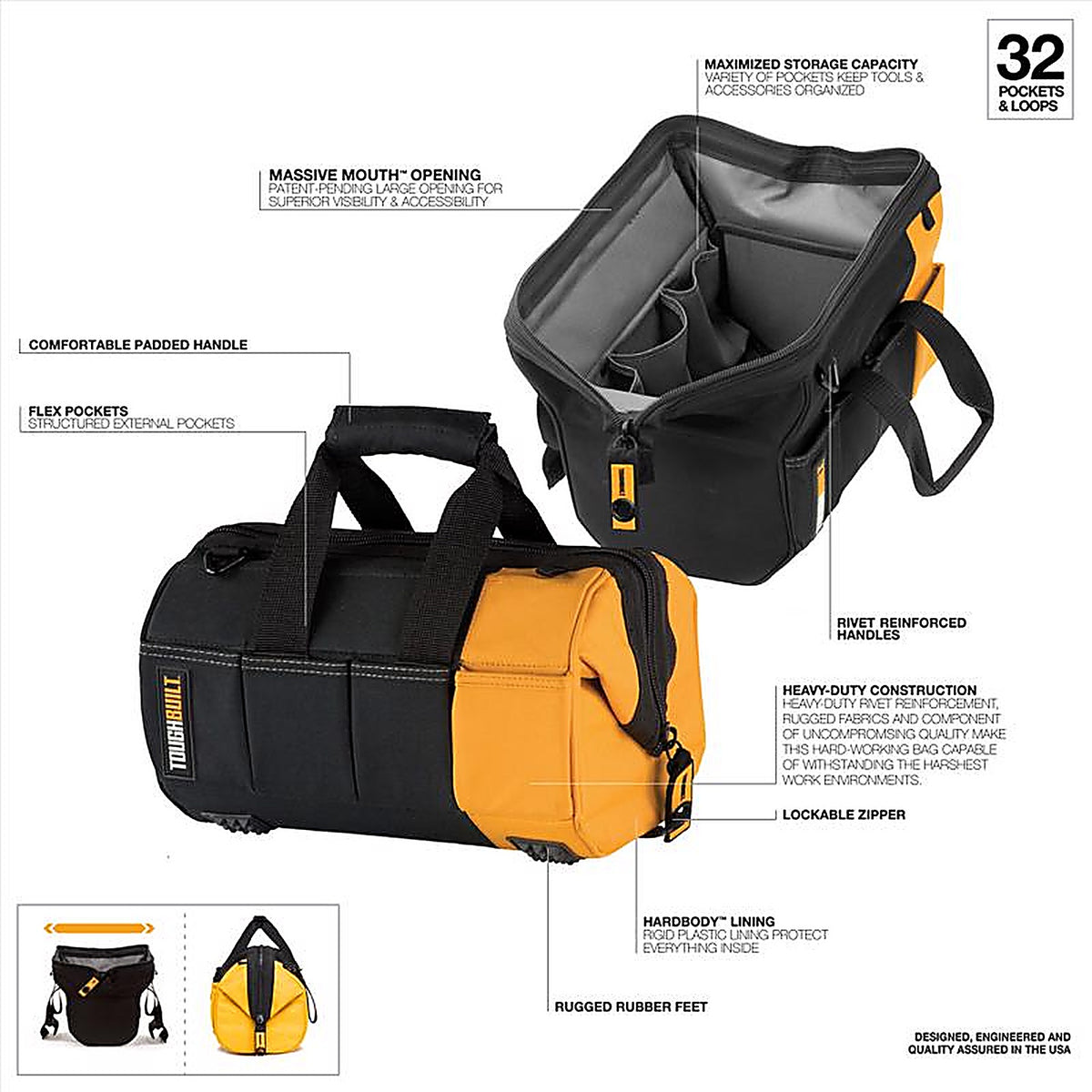 ToughBuilt TB-60-12-1BES 12 in. W X 8.75 in. H Polyester Massive Mouth Tool Bag 32 pocket Black/Gray/Orange 1 pc