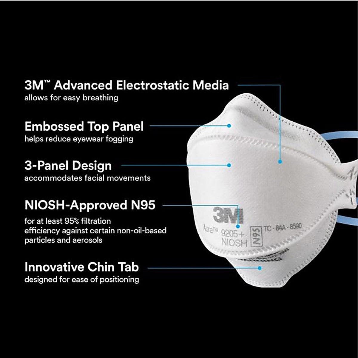 3M 9205P-10-DC Aura N95 Dust Protection Particulate Respirator 9205+ White 10 pk