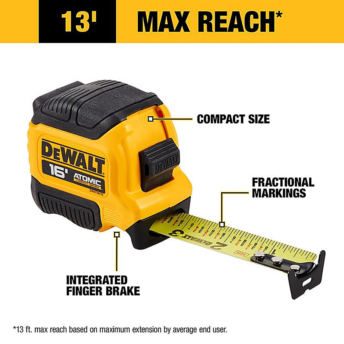 DeWalt DWHT38116S ATOMIC 16 ft. L X 1.25 in. W Compact Tape Measure 1 pk