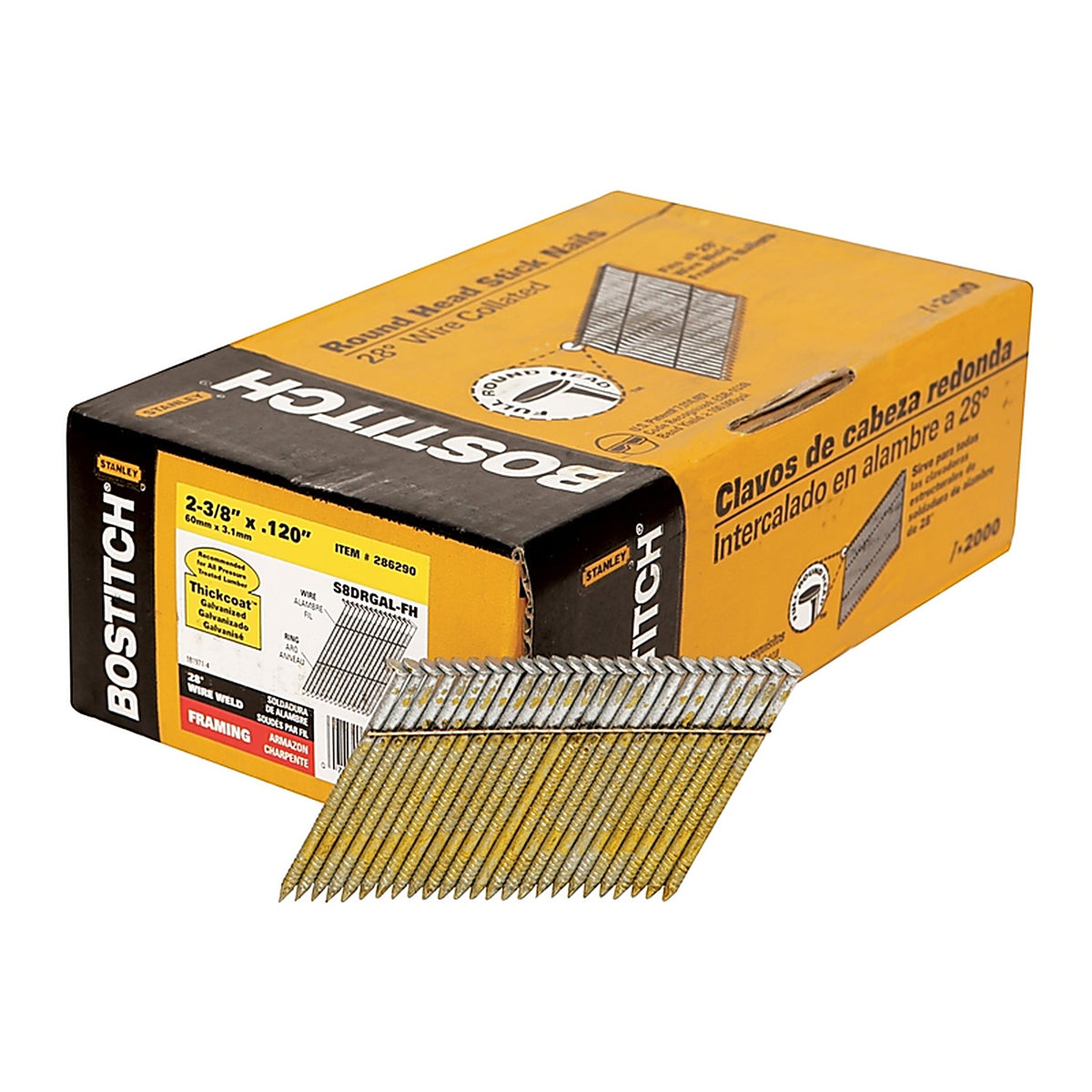 Bostitch - S8DRGAL-FH - 2-3/8 In. L X 10 Ga. Angled Strip Galvanized Stick Nails 28 Deg 2000 Pack
