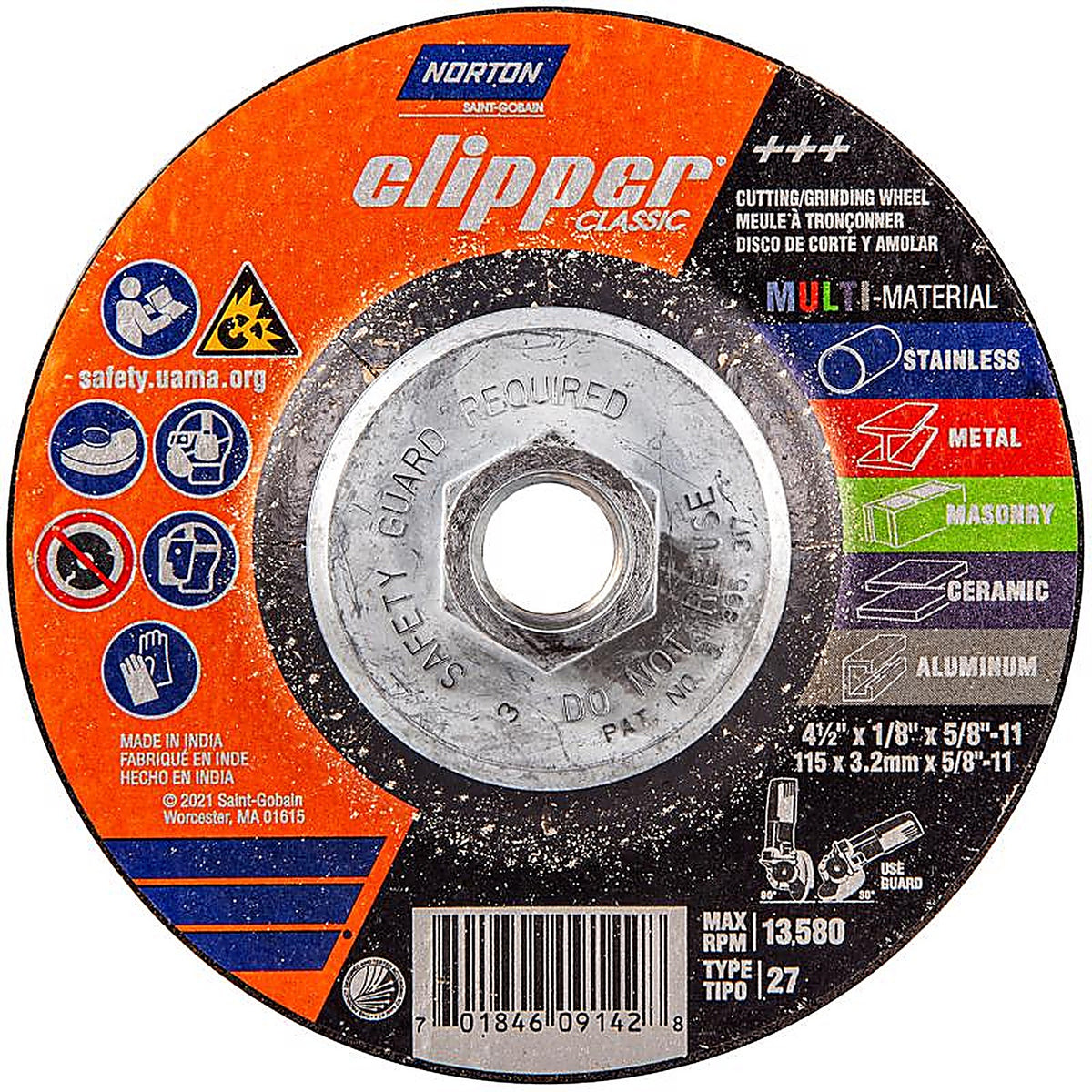 Norton 70184609142 Clipper 4.5 in. D X 5/8-11 in. Classic Grinding Wheel