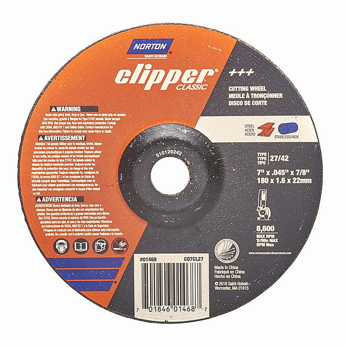 Norton 70184601468 Clipper 7 in. D X 7/8 in. Aluminum Oxide Classic Cut-Off Wheel 1 pk