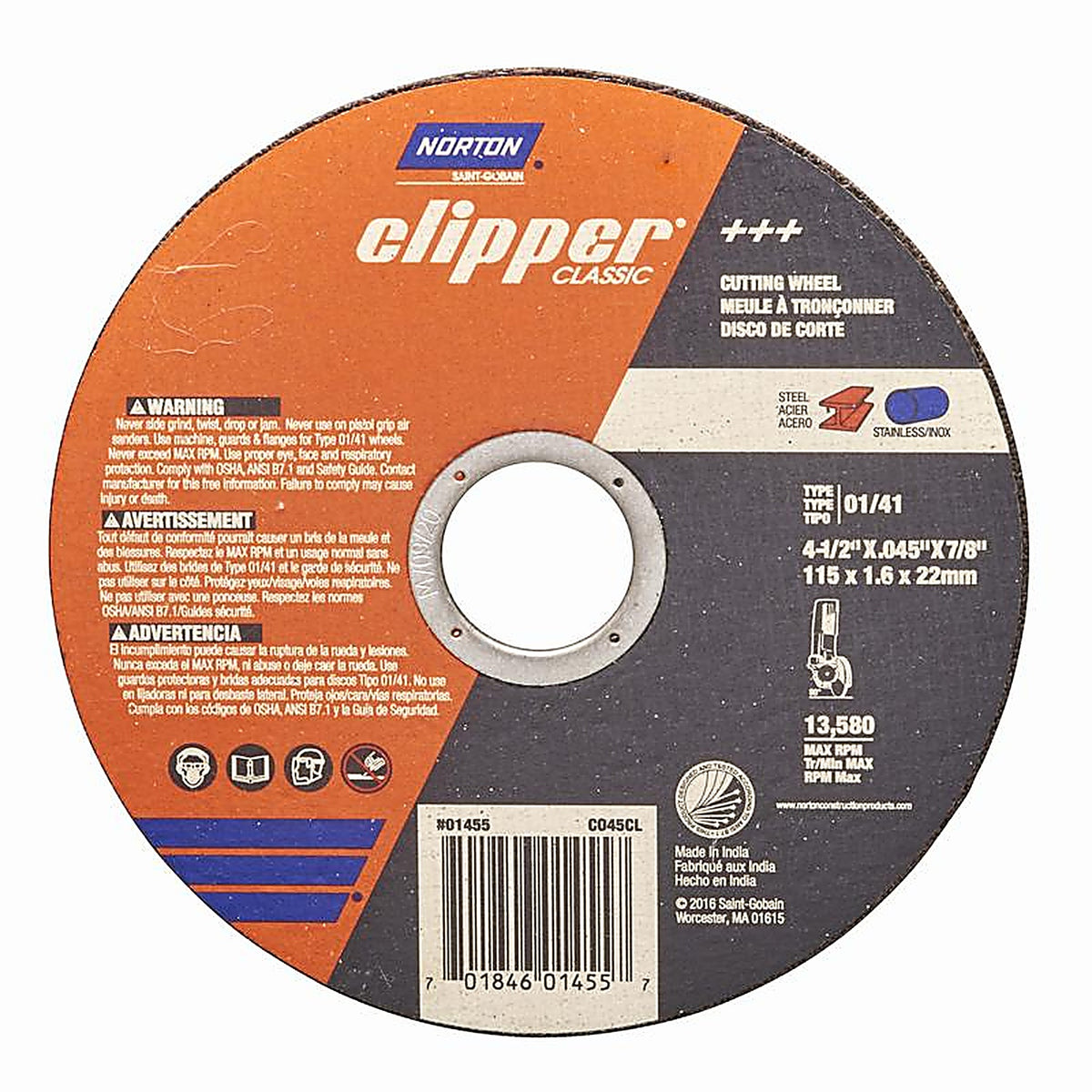 Norton 70184601455 Clipper 4-1/2 in. D X 7/8 in. Aluminum Oxide Classic Cut-Off Wheel 1 pk