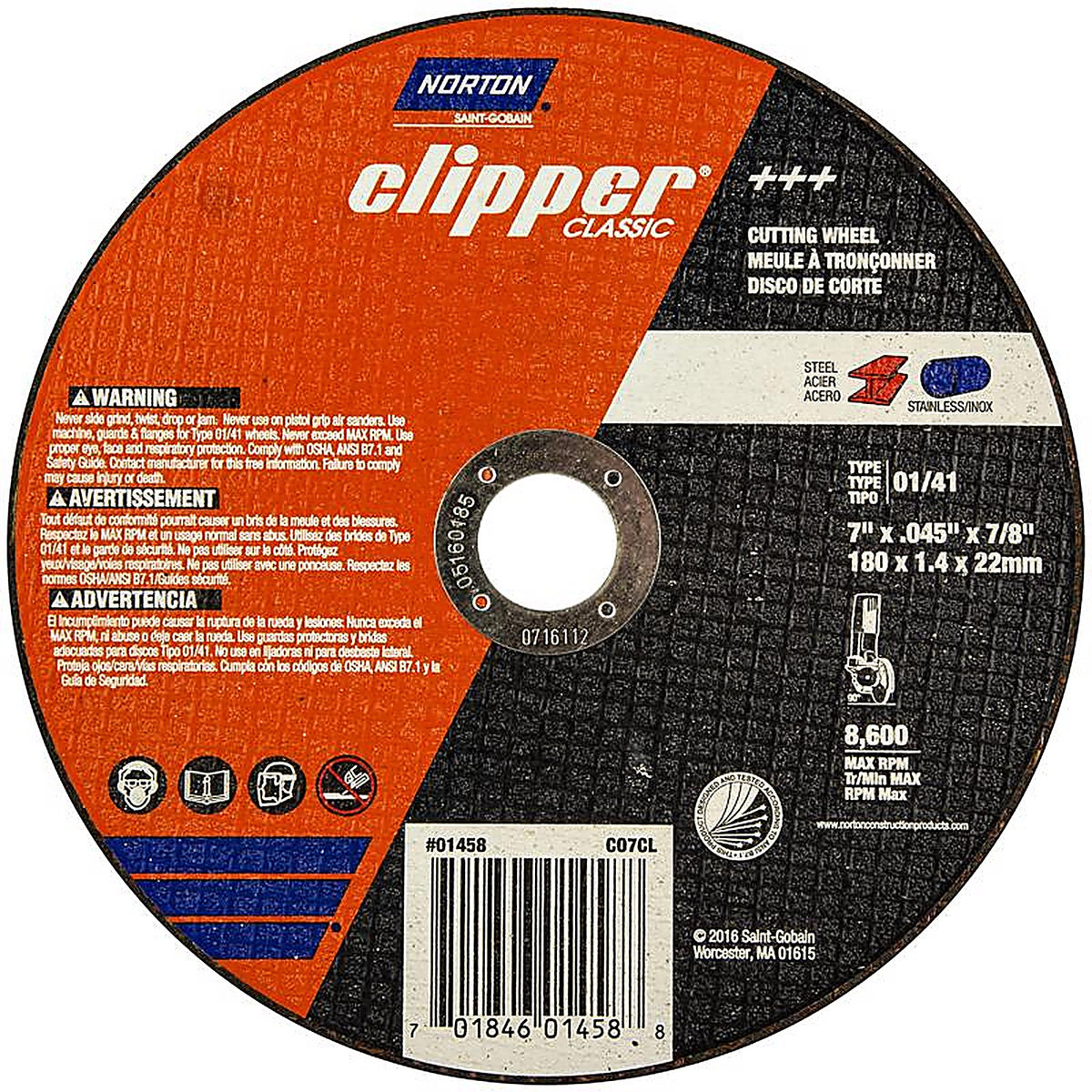 Norton 70184601458 Clipper 7 in. D X 7/8 in. Aluminum Oxide Classic Cut-Off Wheel 1 pk