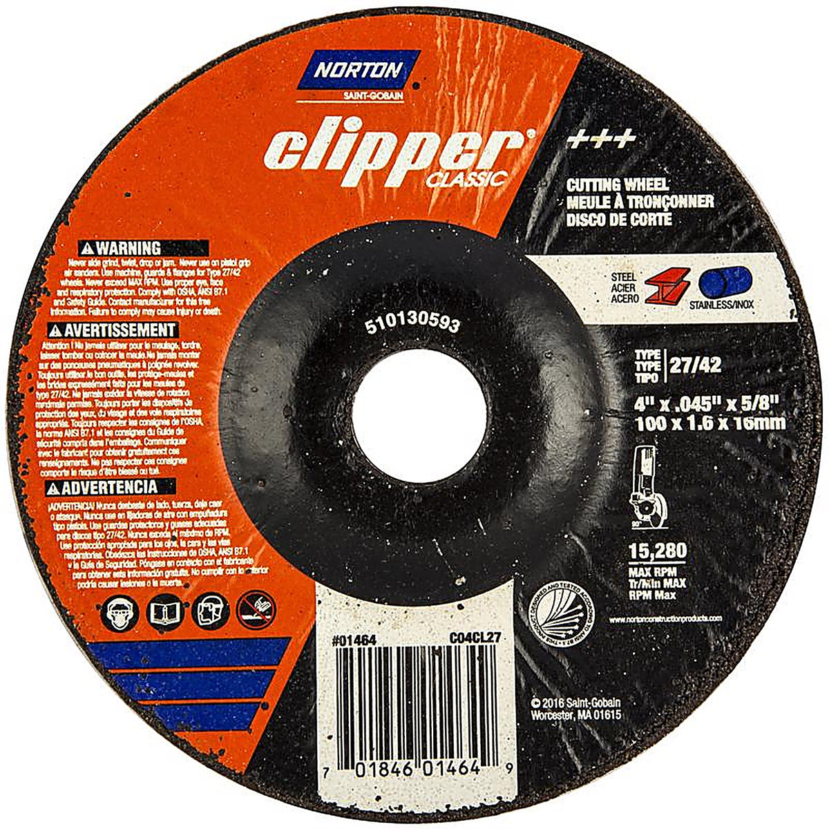 Norton - 70184601464 - Clipper 4 In. D X 5/8 In. Aluminum Oxide Classic Cut-Off Wheel 1 Pack