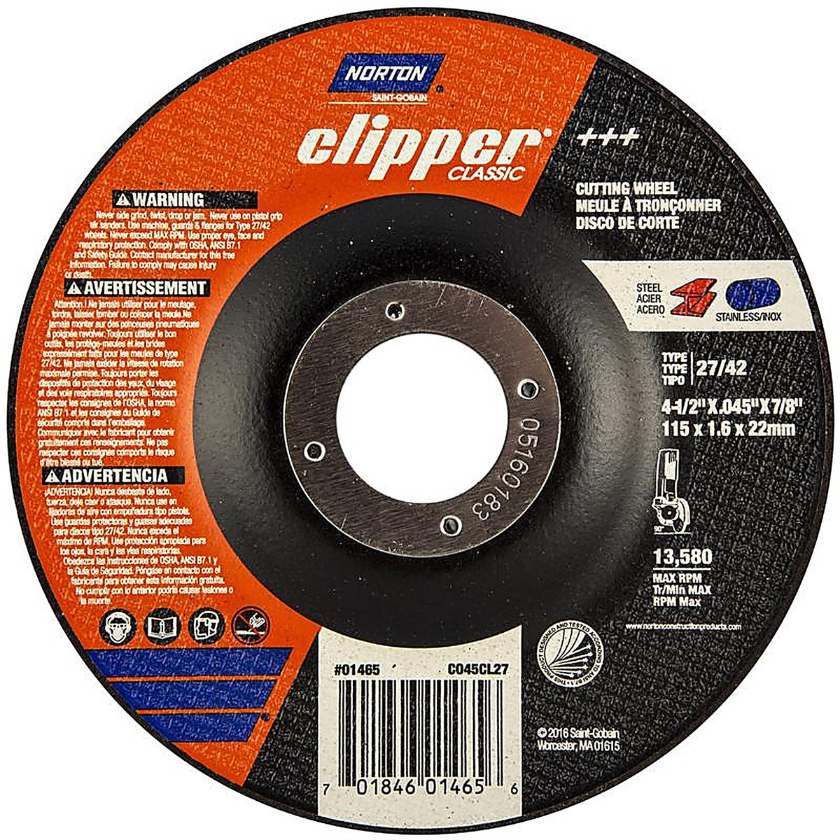 Norton 70184601465 Clipper 4-1/2 in. D X 7/8 in. Aluminum Oxide Classic Cut-Off Wheel 1 pk