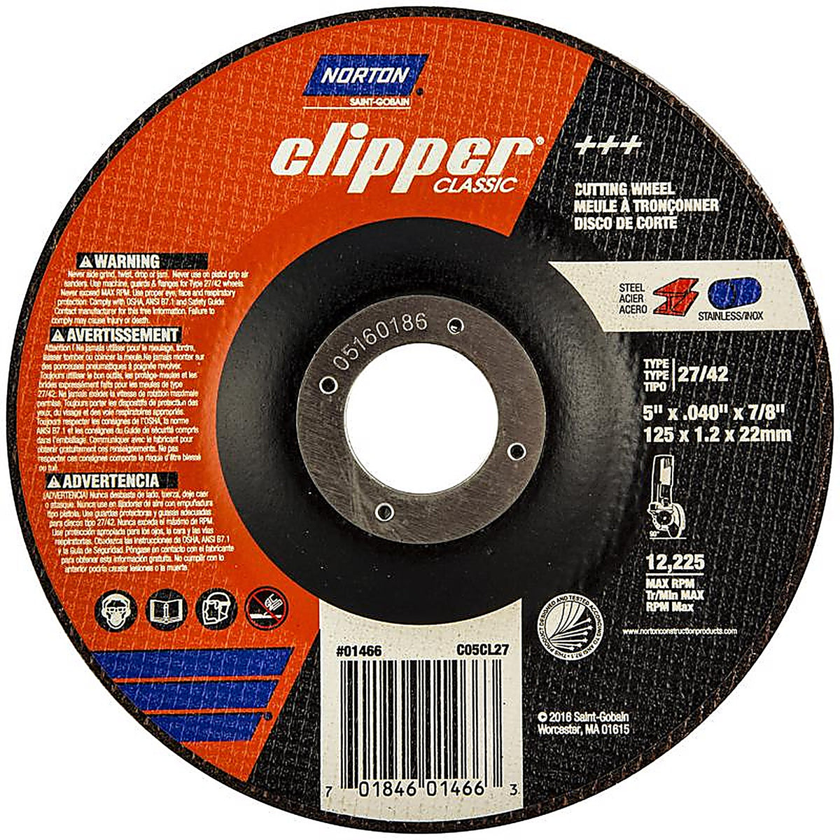 Norton - 70184601466 - Clipper 5 In. D X 7/8 In. Aluminum Oxide Classic Cut-Off Wheel 1 Pack