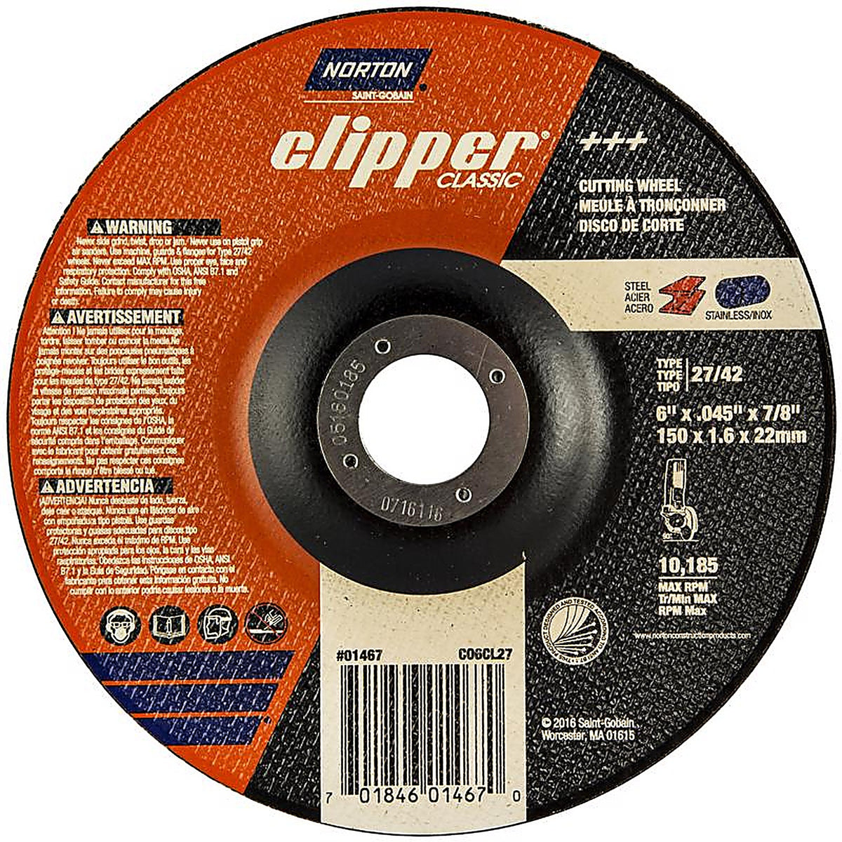 Norton - 70184601467 - Clipper 6 In. D X 7/8 In. Aluminum Oxide Classic Cut-Off Wheel 1 Pack