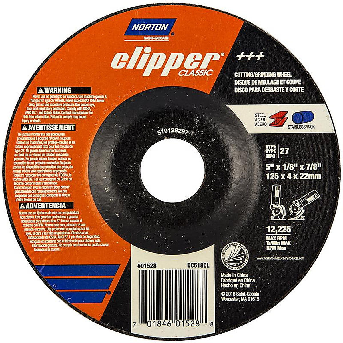 Norton - 70184601528 - Clipper 5 In. D X 7/8 In. Classic Grinding Wheel