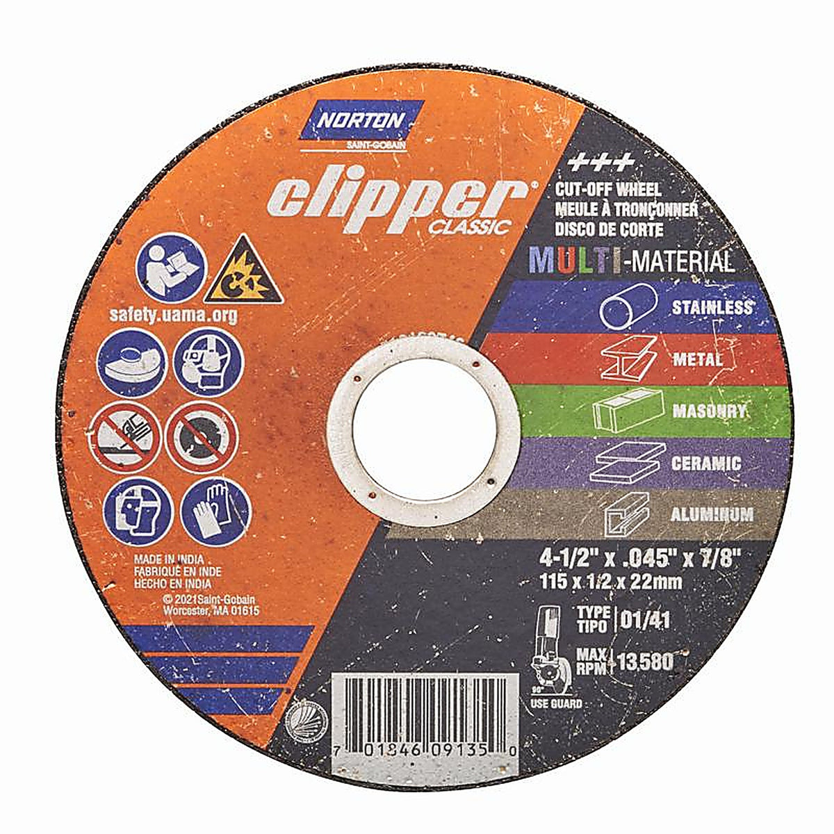 Norton 70184609135 Clipper 4-1/2 in. D X 7/8 in. Aluminum Oxide/Silicon Carbide Classic Cut-Off Wheel 1 pk