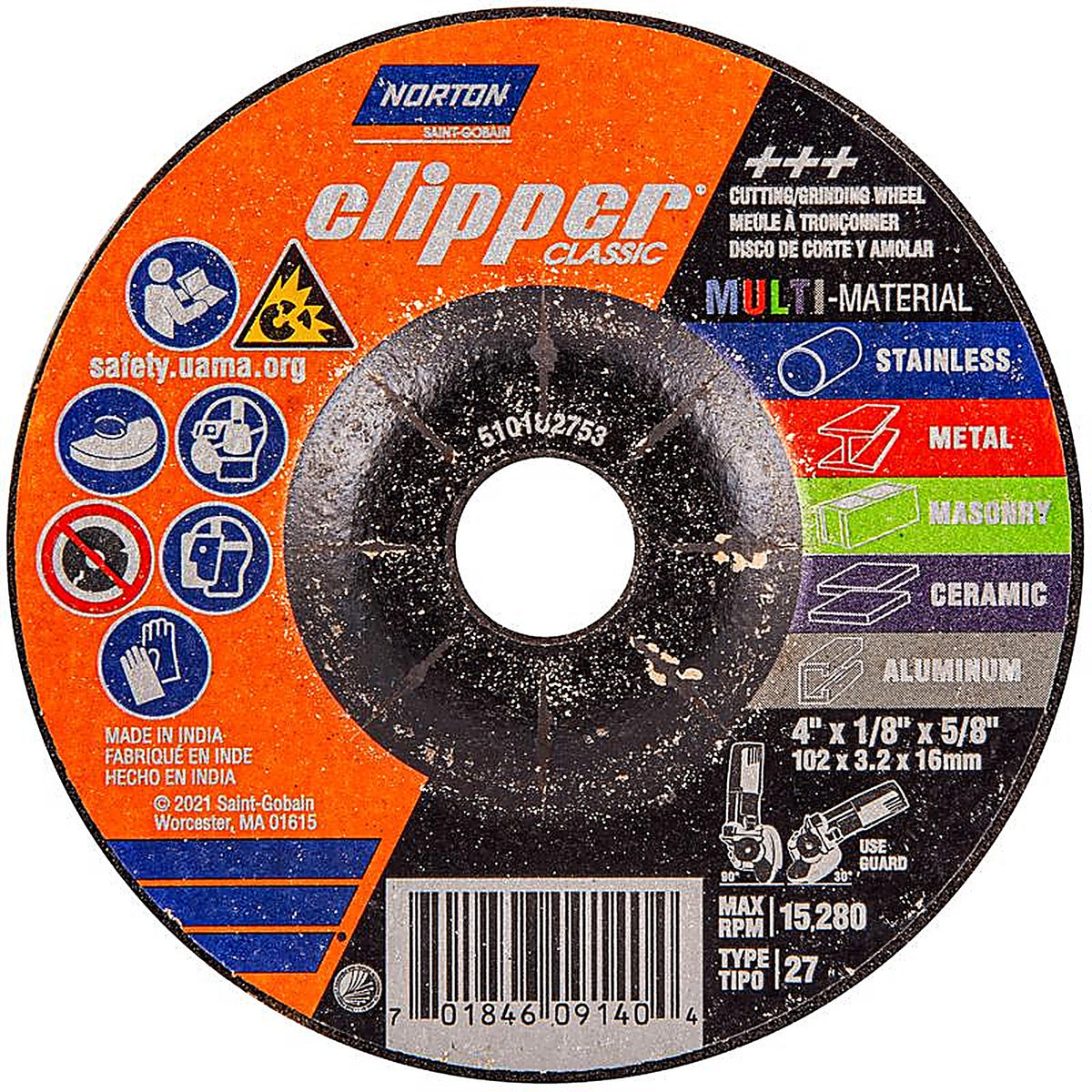 Norton - 70184609140 - Clipper 4 In. D X 5/8 In. Classic Grinding Wheel