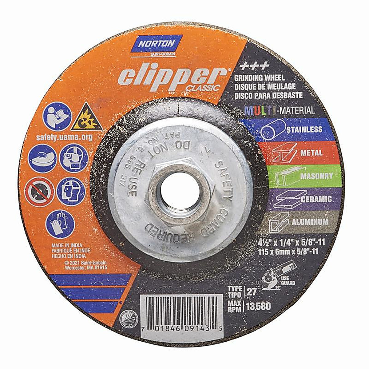 Norton 70184609143 Clipper 4-1/2 in. D X 5/8-11 in. Classic Grinding Wheel