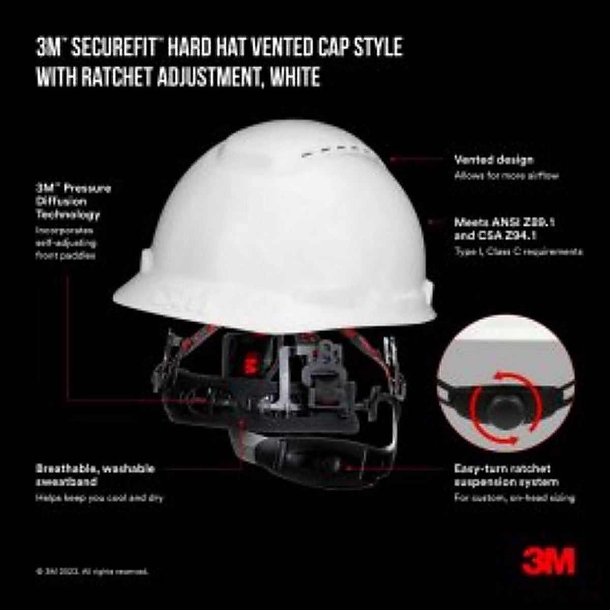 3M - CHH-V-R-W6-SL - Securefit 4-Point Ratchet Hard Hat White Vented
