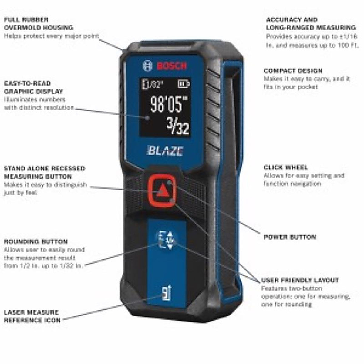 Blaze - GLM100-23 - Blaze 1.7 In. L X .9 In. W Laser Measure 100 Ft. Black/Blue 3 Piece